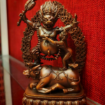 Bronze Yab-Yum Yamantaka (Vajrabhairava Dharmaraja) Wrathful Deity Statue with Buffalo Base & Flaming Mandorla