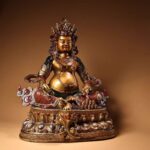 Tibetan Yellow Jambhala Bronze Statue with Gilding & Polychrome, Holding Mongoose & Jewel, Home Fortune Protection Ornament