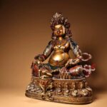 Tibetan Yellow Jambhala Bronze Statue with Gilding & Polychrome, Holding Mongoose & Jewel, Home Fortune Protection Ornament - Image 3