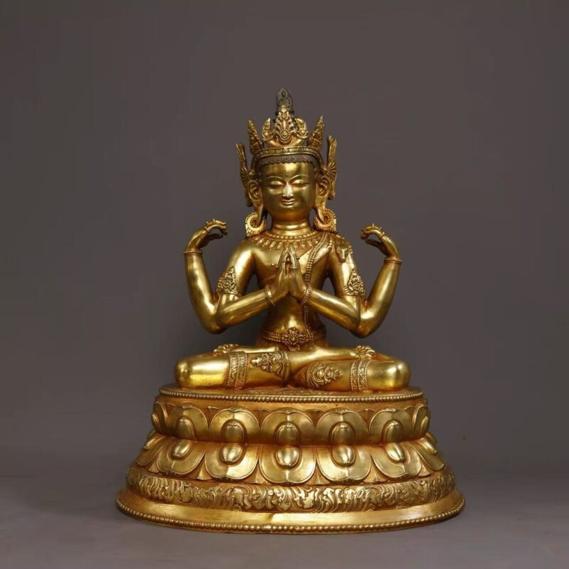 18th–19th Century Sino-Tibetan Gilt Bronze Seated Four-Armed Avalokiteshvara (Kwan-yin) Statue
