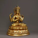 Thick gilded Four-Armed Avalokiteshvara lotus seated statue Six-Syllable Mantra mindfulness meditation ornament