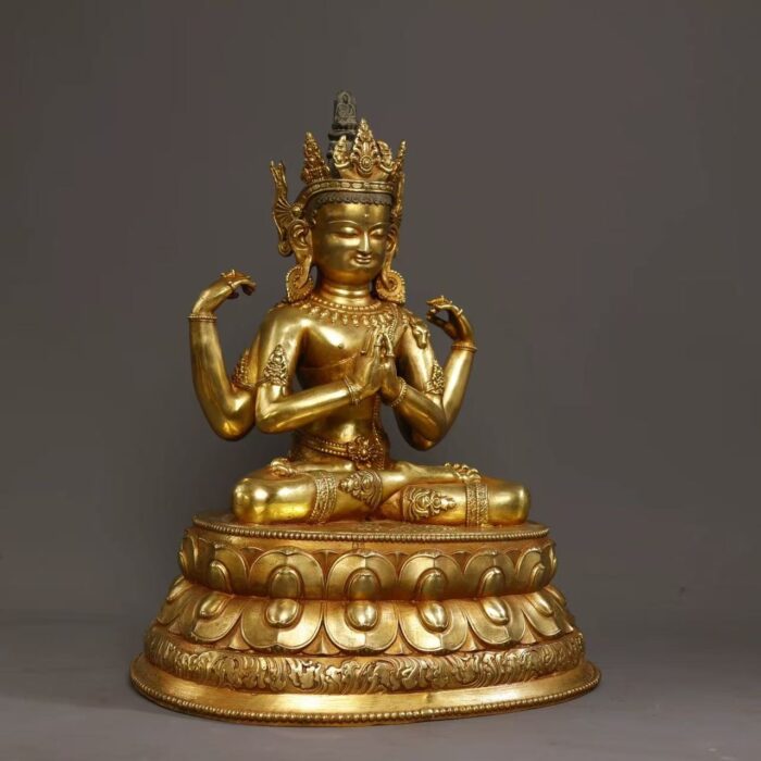 Thick gilded Four-Armed Avalokiteshvara lotus seated statue Six-Syllable Mantra mindfulness meditation ornament