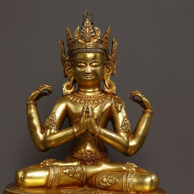 Double lotus base gilt Avalokiteshvara statue compassion icon for emotional healing wellness space
