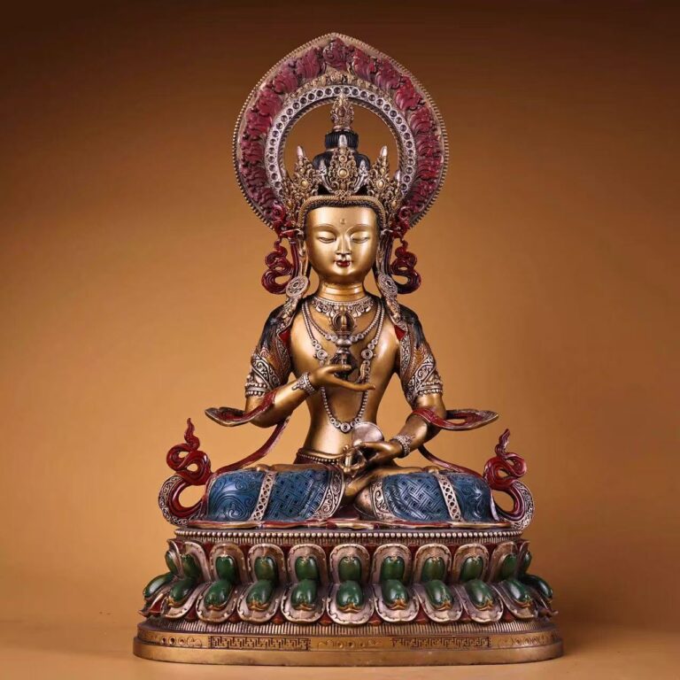 Mineral polychrome gilded bronze Vajrasattva icon, high-relief flame & scrolling halo