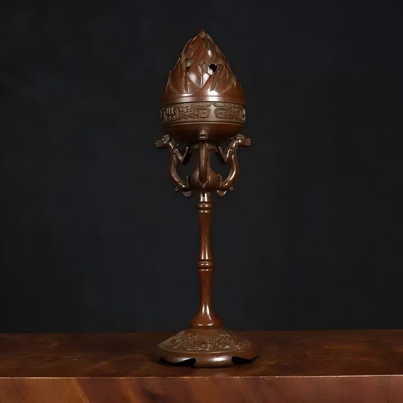 Boshan-censer-1 Archaistic Bronze Boshan Censer on Tall Bamboo Stem with Triple Dragon Brackets - Image 1