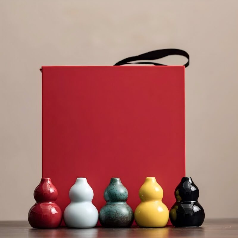 5-Piece Multicolored Ceramic Calabash Gift Set | Feng Shui Ornaments & Incense Holders