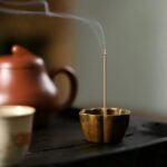 Vintage Mini Bronze Censer in Lotus Petal Form with Distressed Finish, Complete Incense Stick Set