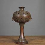 Archaistic Han Pattern Tall Stem Bronze Censer with Beast Ring Handles