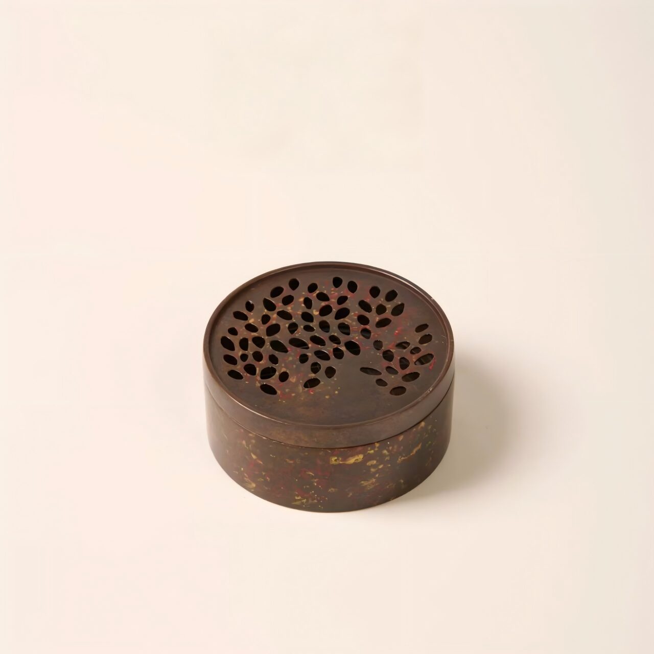 round-censer-1 Archaic Bronze Tone Round Alloy Censer with Gold-Splashed, Painted Detailing & Pierced Leaf Lid - Image 1