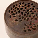 Archaic Bronze Tone Round Alloy Censer with Gold-Splashed, Painted Detailing & Pierced Leaf Lid - Image 5