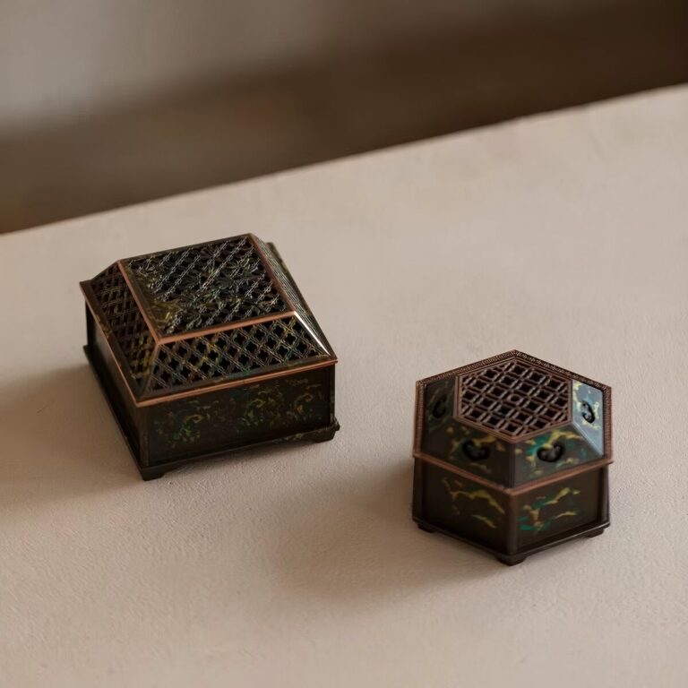 A square and a hexagonal bronze incense burner